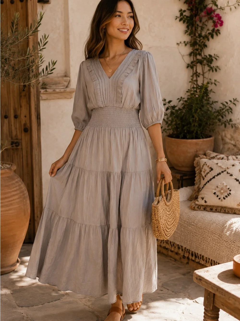 J.Gee Boho Tiered Maxi Dress Size S Light Gray Smocked Waist Puff Sleeve - Picture 1 of 9